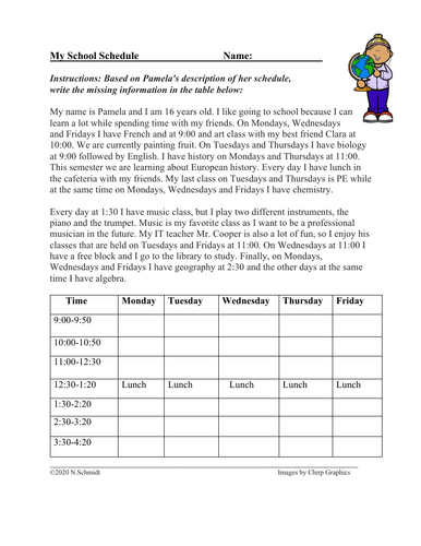 My School Schedule English Reading: Subjects/Classes (ESL / EFL / ELL)