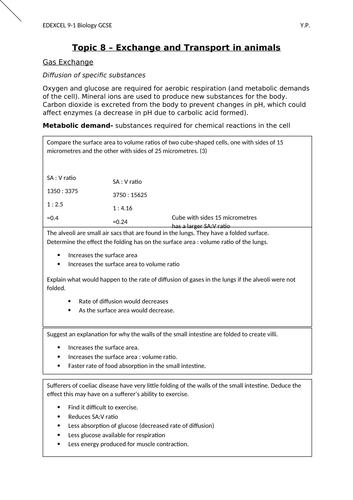 EDEXCEL BIOLOGY 9-1 GCSE (Separate) Topic 8 Exchange and Transport YP