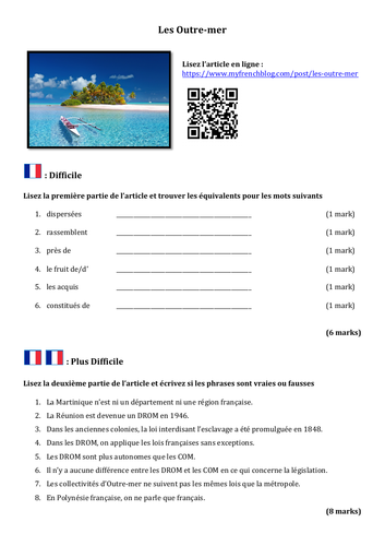 Les Outre-mer- Online article and worksheet- A Level French | Teaching ...