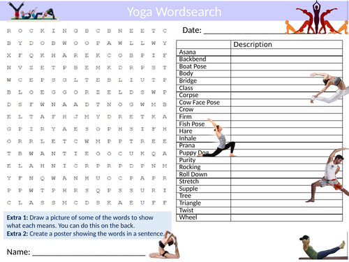 5 x Yoga Wordsearch PE Sports Meditation Starter Settler Activity