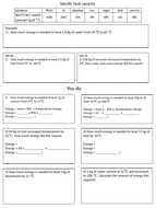Specific heat capacity worksheet | Teaching Resources