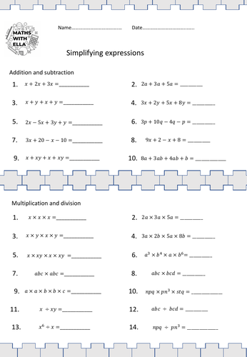 Simplifying expressions worksheet | Teaching Resources