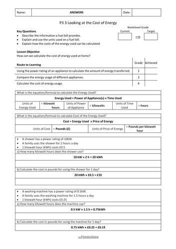KS3 Physics AQA P3 Energy - Energy Costs and Energy Transfers - 10WS ...