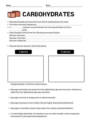 Carbohydrates A A Level Worksheet For Aqa A Level Biology Specification Teaching Resources