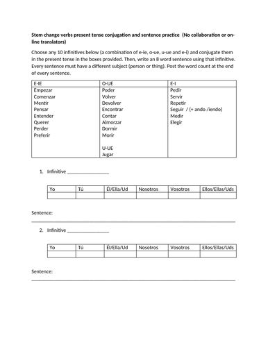 Worksheet on stem change verbs present tense | Teaching Resources