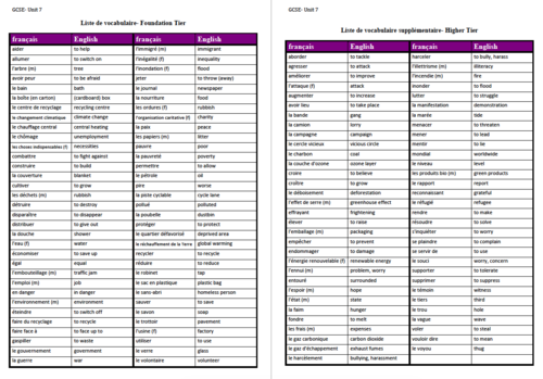 Unit 7 Vocabulary List GCSE French Teaching Resources