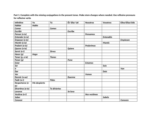 present tense all verbs conjugation practice teaching