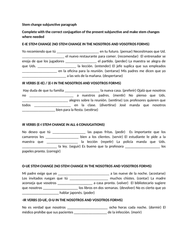 Stem change subjunctive paragraph | Teaching Resources