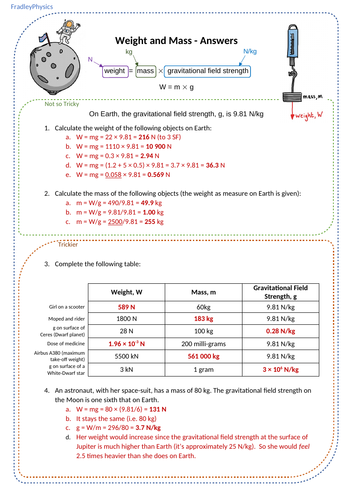 Weight Mass and Gravity Worksheet Teaching Resources