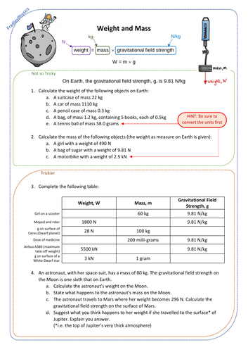 Weight Mass And Gravity Worksheet Teaching Resources