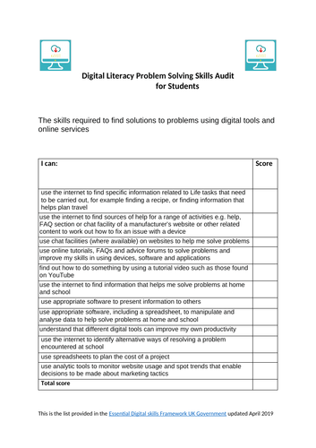 Digital Problem Solving Skills Audit For Students Teaching Resources