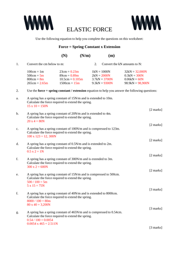 Spring Constant Calculation Worksheet with Answers - GCSE Physics Paper ...