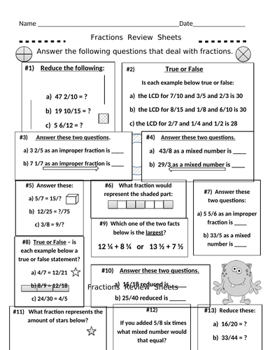 Fractions Review Sheets (Beginning Aspects 3 Worksheets) | Teaching ...