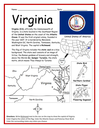 VIRGINIA - Introductory Geography Worksheet | Teaching Resources