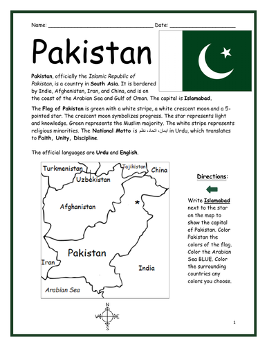 PAKISTAN Printable Worksheet with map and flag