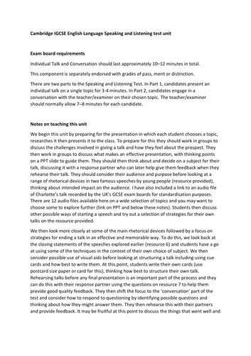 Cambridge IGCSE First Language English Speaking And Listening Unit Teaching Resources