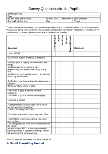 homework questionnaire for pupils