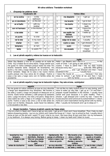 Spanish GCSE Mi rutina diaria: Daily Routine Translation Worksheet