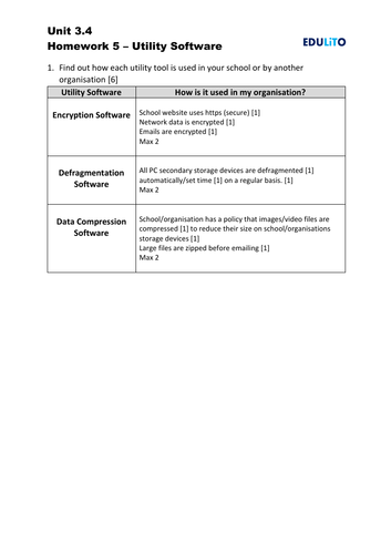 Homework Activity Unit 3.4 - Utility Software - AQA 8525 GCSE Computer