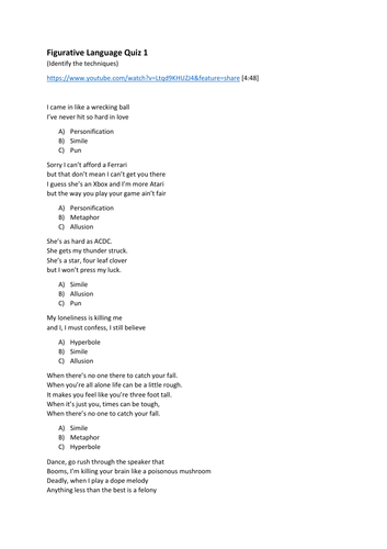 worksheet figurative language quizzes pop songs and film teaching resources