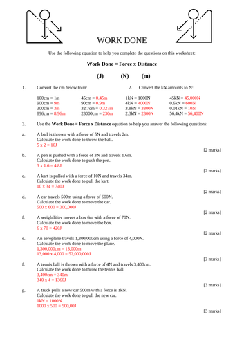 Work done Calculations Worksheet with Answers - GCSE Physics Paper 2 ...