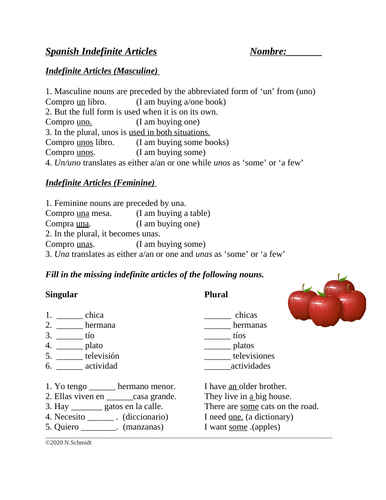 Spanish Indefinite Articles Worksheet Un uno Vs Una unas Teaching 