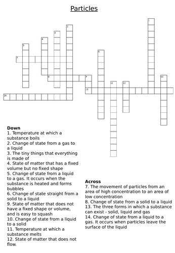 KS3/Year 7 Particles Revision Crossword Teaching Resources