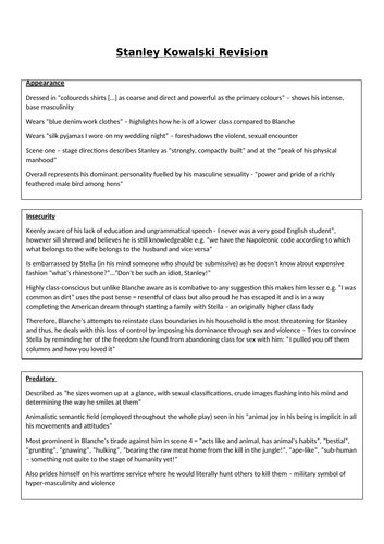 A* Stanley Kowalski Revision Notes