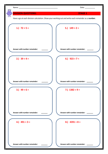 Year 6 Division Booklet (all with remainders) - 6 Pages