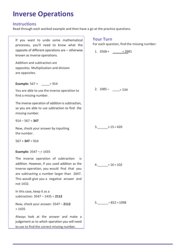 inverse operations worksheet teaching resources