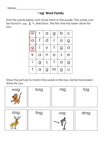 Phonics -ag Word Family Word Search, Draw and Match Printable