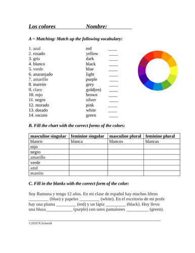 Los Colores: Colors Spanish Worksheet