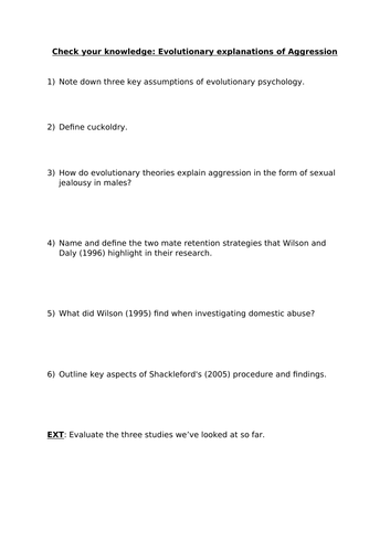 A Level Psychology EVOLUTIONARY EXPLANATIONS Of Human Aggression Year 2 Aggression Topic 