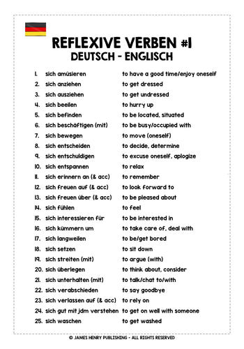 GERMAN REFLEXIVE VERBS LIST #1 | Teaching Resources