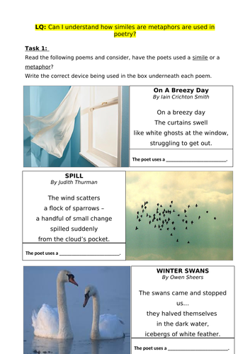 metaphor and simile lesson ks3 poetry teaching resources