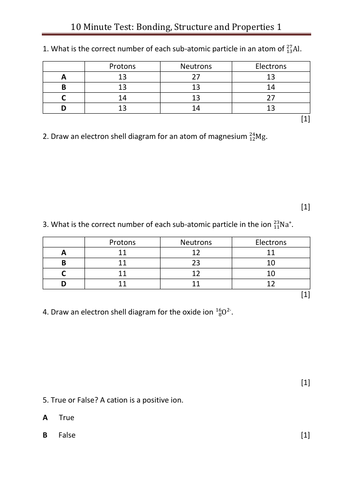 GCSE Structure and Bonding 'Ten Minute Tests' | Teaching Resources