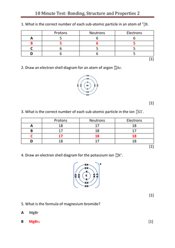 GCSE Structure and Bonding 'Ten Minute Tests' | Teaching Resources