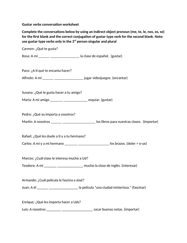 Gustar verbs conversation worksheet | Teaching Resources