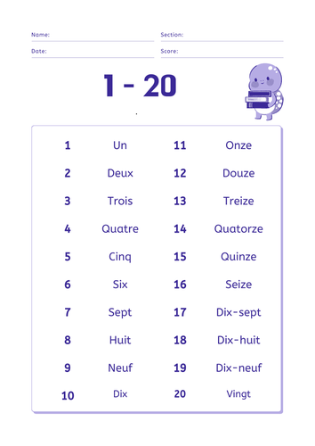 Worksheet French Numbers 1 20