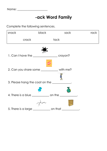 Phonics -ack Word Family Printable