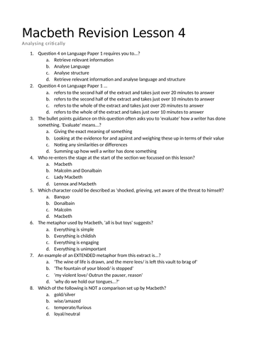 Macbeth Revision: Analysing Critically