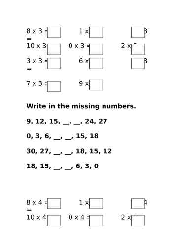 Times table work sheet 3s, 4s, 5s and 10s | Teaching Resources
