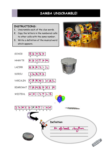 Samba Unscramble! (samba music keywords) | Teaching Resources