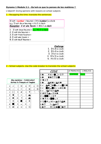 year 7 french dynamo 1 module 2 en classe all units