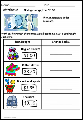 canadian money worksheets giving change and word problems teaching