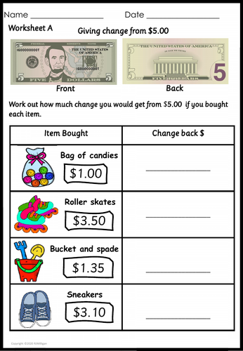 US Dollars Money Worksheets Giving Change and Word Problems | Teaching ...