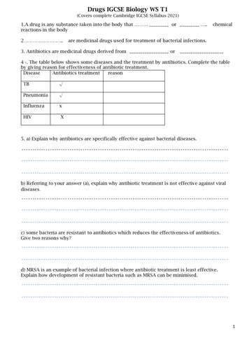 drugs worksheet cambridge igcse biology teaching resources