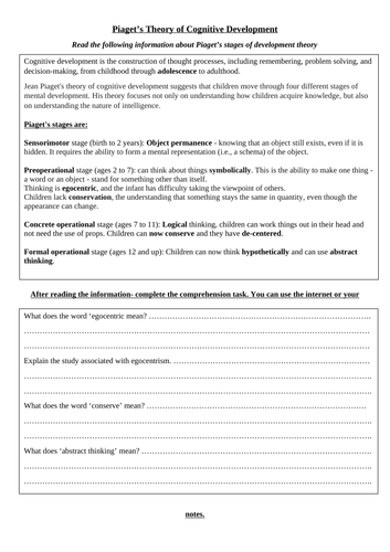 Piaget's stages of online cognitive development worksheet answers