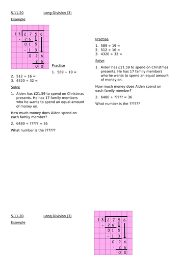 long division worksheets for year 6 teaching resources