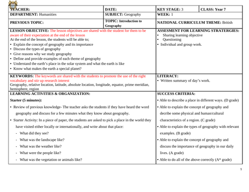 Lesson Plan on Introduction to Geography | Teaching Resources